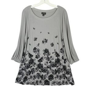 J.Jill Wearever Tunic Womens M Grey Black Floral Long‎ Sleeve Ecovero Stretch